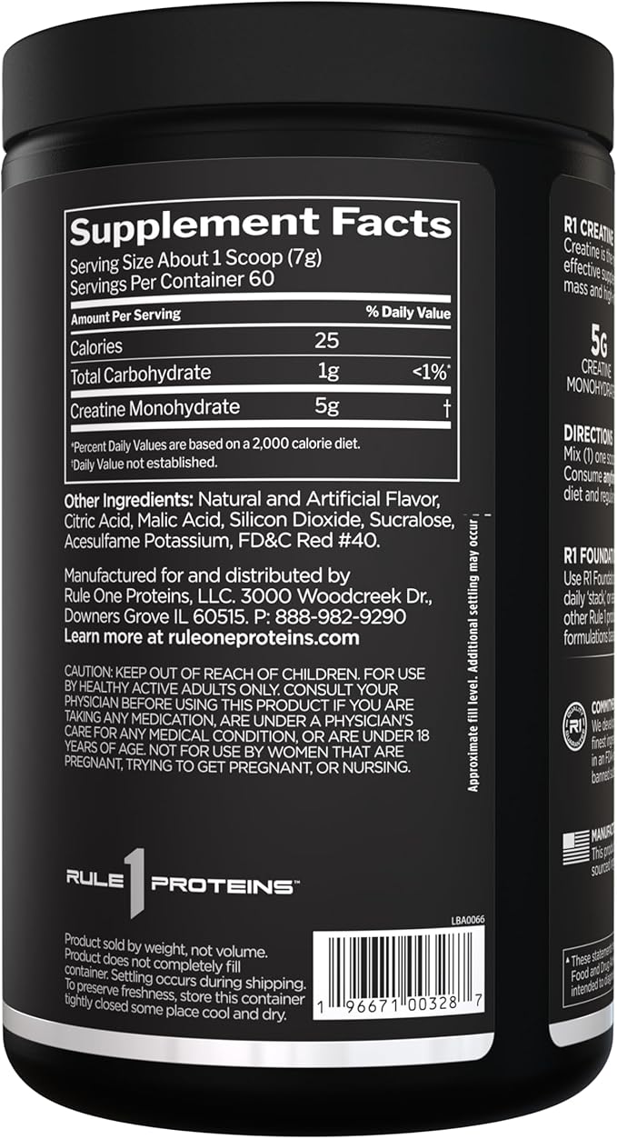 Rule 1 Creatine Powder – Pure Micronized Creatine Monohydrate for High-Intensity Exercise and Lean Body Mass Support, Flavored and Unflavored (60 Servings, Fruit Punch)