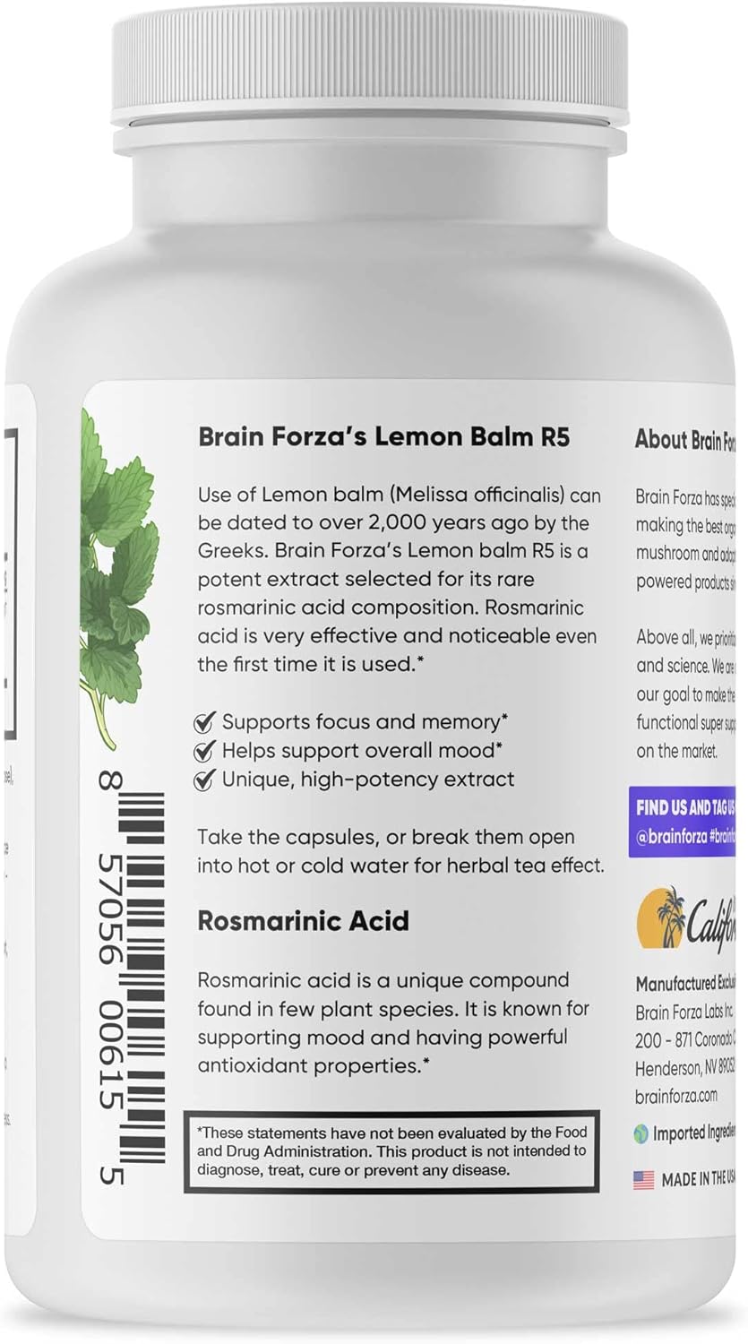 Brain Forza Lemon Balm R5 Extract Capsules - Standardized Extract 5% Rosmarinic Acid, 90 Capsules
