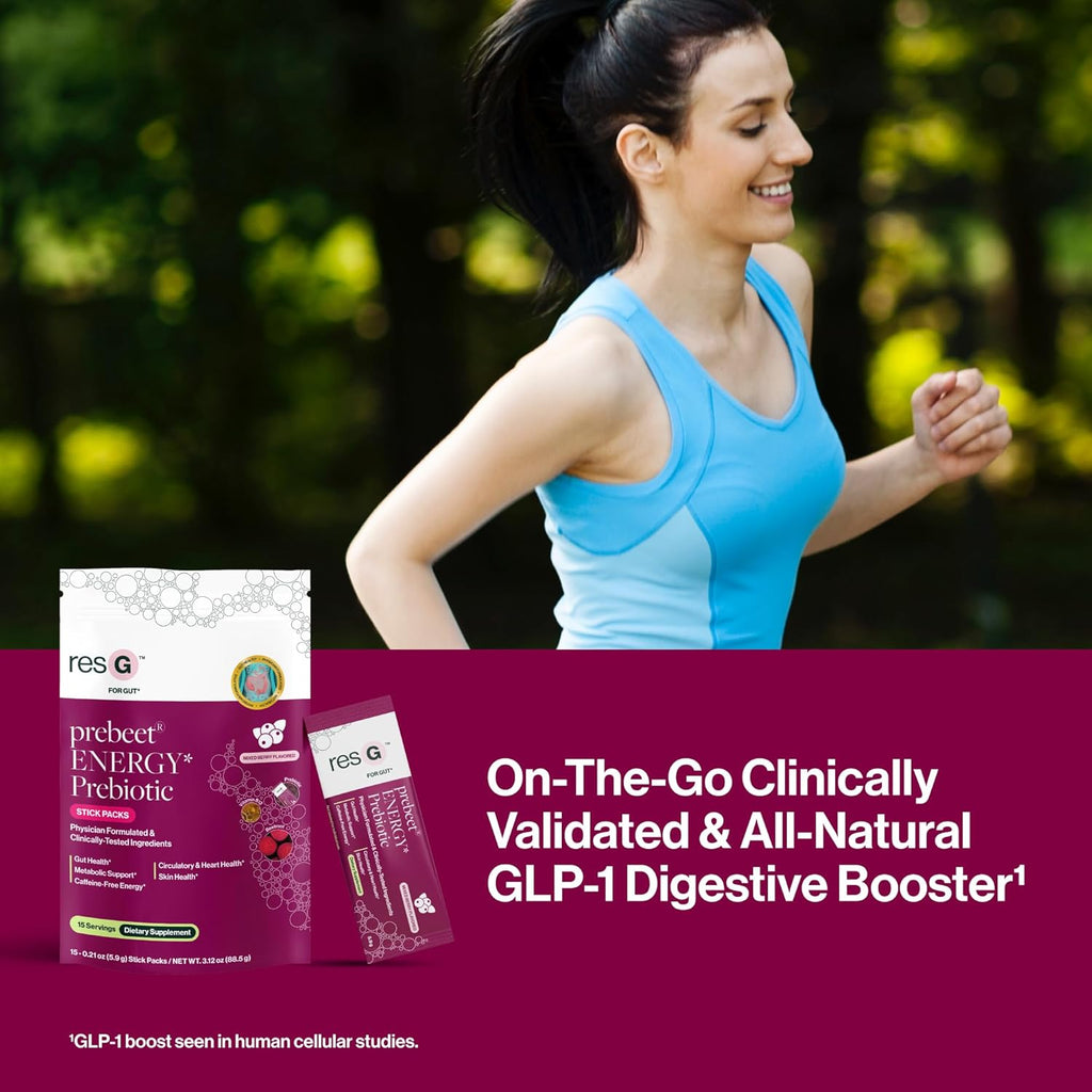ResBiotic resG prebeet Prebiotic - Fiber Digestion Supplement, Drinkable GLP-1, Powder Packets for Women & Men, On The Go Gut Health Drink Mix, Gluten Free, Sugar Free - 15 Stick Packs