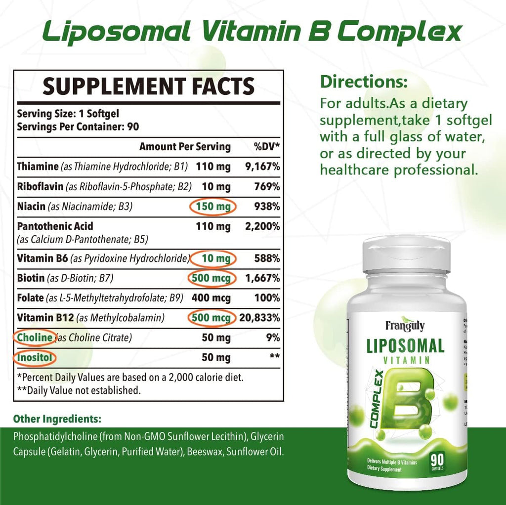 Active B Complex Liposomal B Vitamins with Choline Inositol, 90 Softgels High Potency B1, B2, B3, B5, B6, Biotin, Folate, Methylated B12- Immune, Energy, Brain Heart Support Supplements
