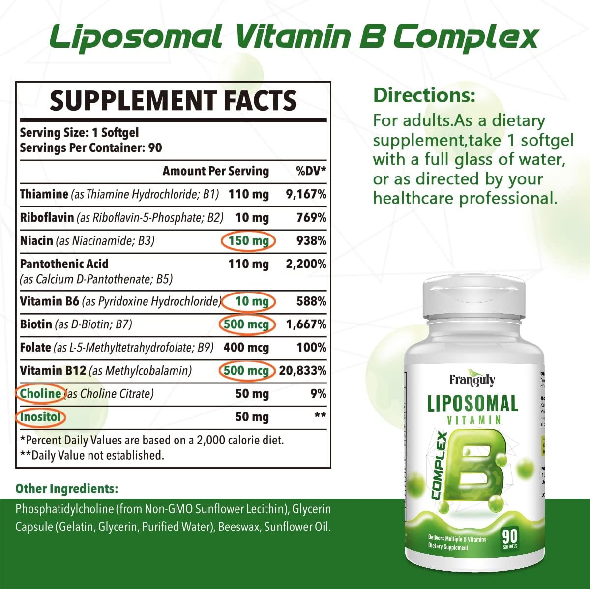 Active B Complex Liposomal B Vitamins with Choline Inositol, 90 Softgels High Potency B1, B2, B3, B5, B6, Biotin, Folate, Methylated B12- Immune, Energy, Brain Heart Support Supplements