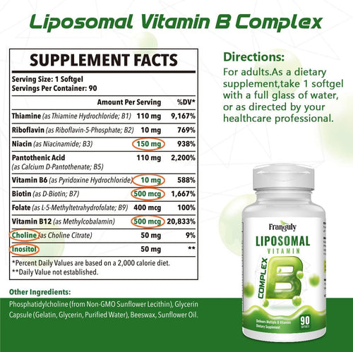 Active B Complex Liposomal B Vitamins with Choline Inositol, 90 Softgels High Potency B1, B2, B3, B5, B6, Biotin, Folate, Methylated B12- Immune, Energy, Brain Heart Support Supplements