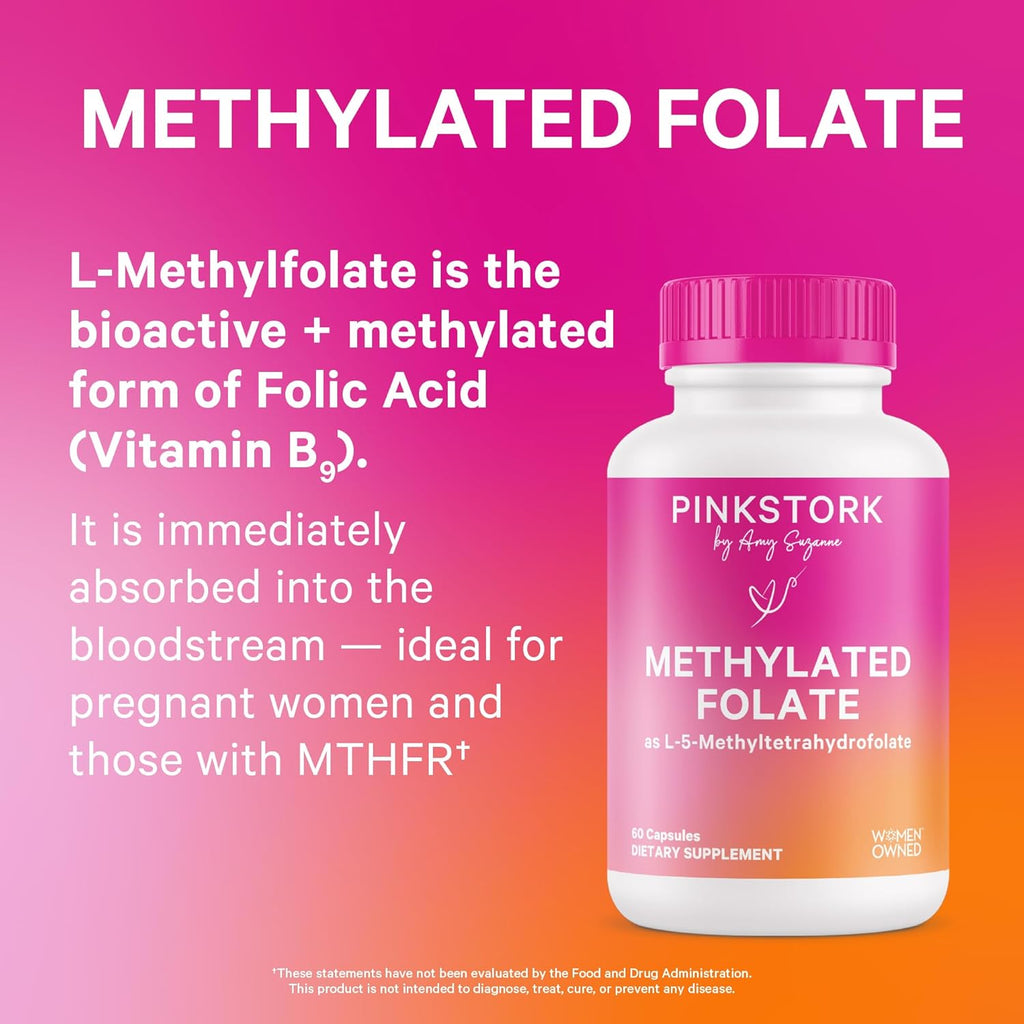 Pink Stork Folate: Methyl Folate - MTHFR Acid, Natural Form of Folic Acid for Pregnancy, Formulated for Mom + Baby, Women-Owned, 60 Capsules (Packaging May Vary)