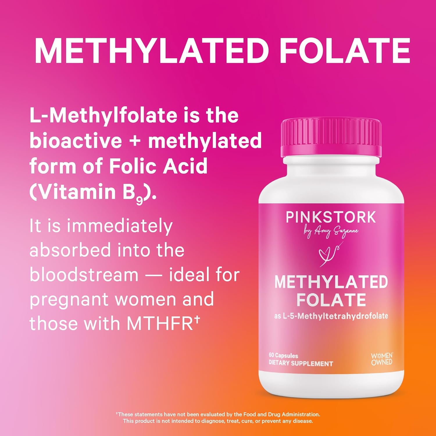 Pink Stork Folate: Methyl Folate - MTHFR Acid, Natural Form of Folic Acid for Pregnancy, Formulated for Mom + Baby, Women-Owned, 60 Capsules (Packaging May Vary)