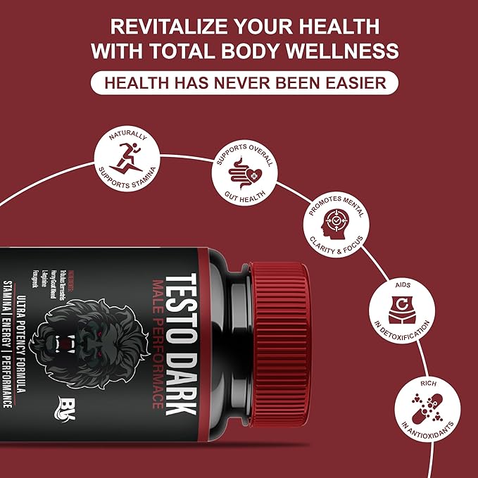 BLUE VIBE TestoDark Premium Wellness & Advanced Health Management Supplement Pills, TestoDark Maximum Strength Daily Health Support & Overall Wellness Formula Supplement Tablets (60 Capsules)