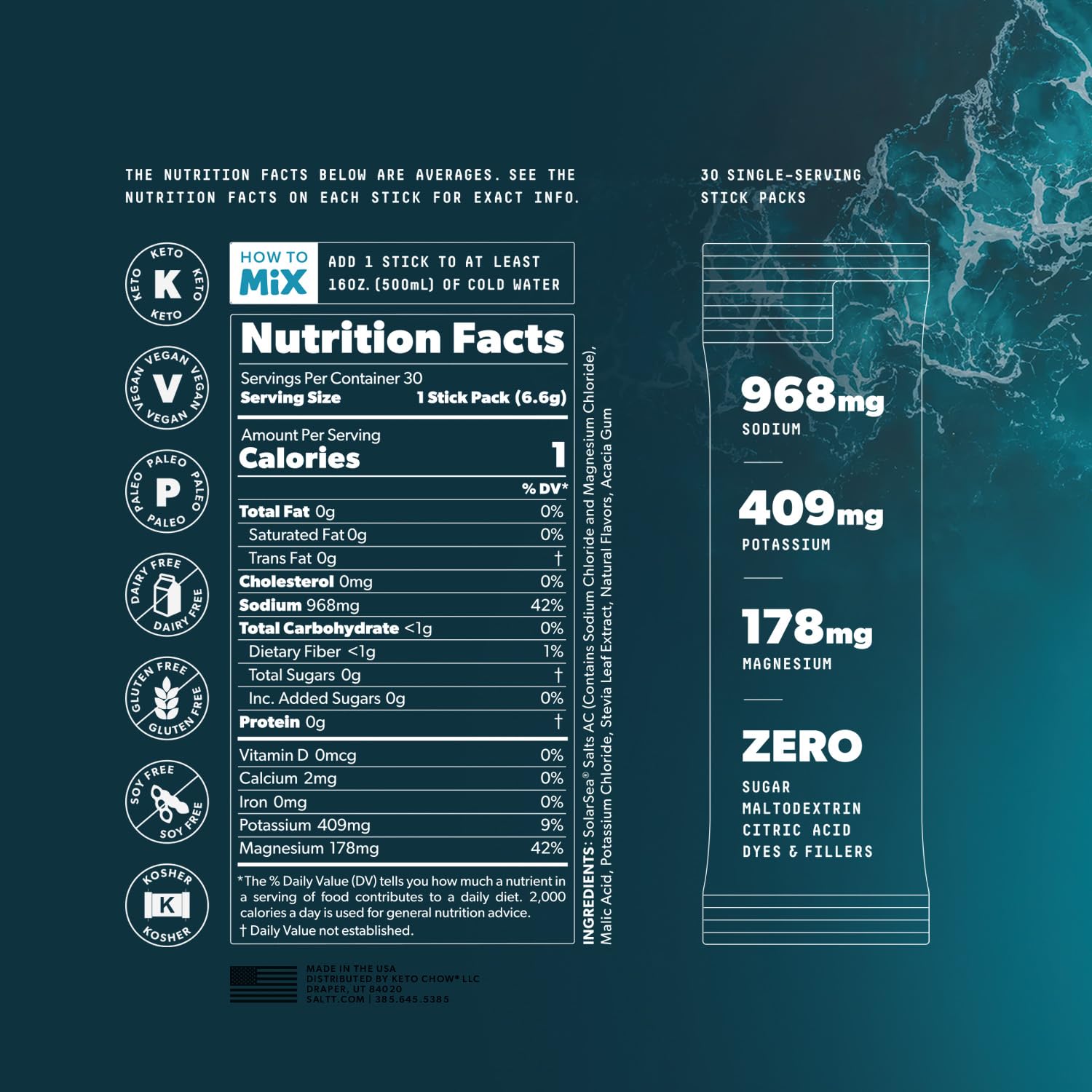 Keto Chow SALTT Electrolytes Powder Packets, Ultra Variety Pack (30 Packets) - Magnesium, Potassium, Sodium, Trace Minerals - Vegan, Sugar Free, Gluten Free - Travel Essentials - Made in USA