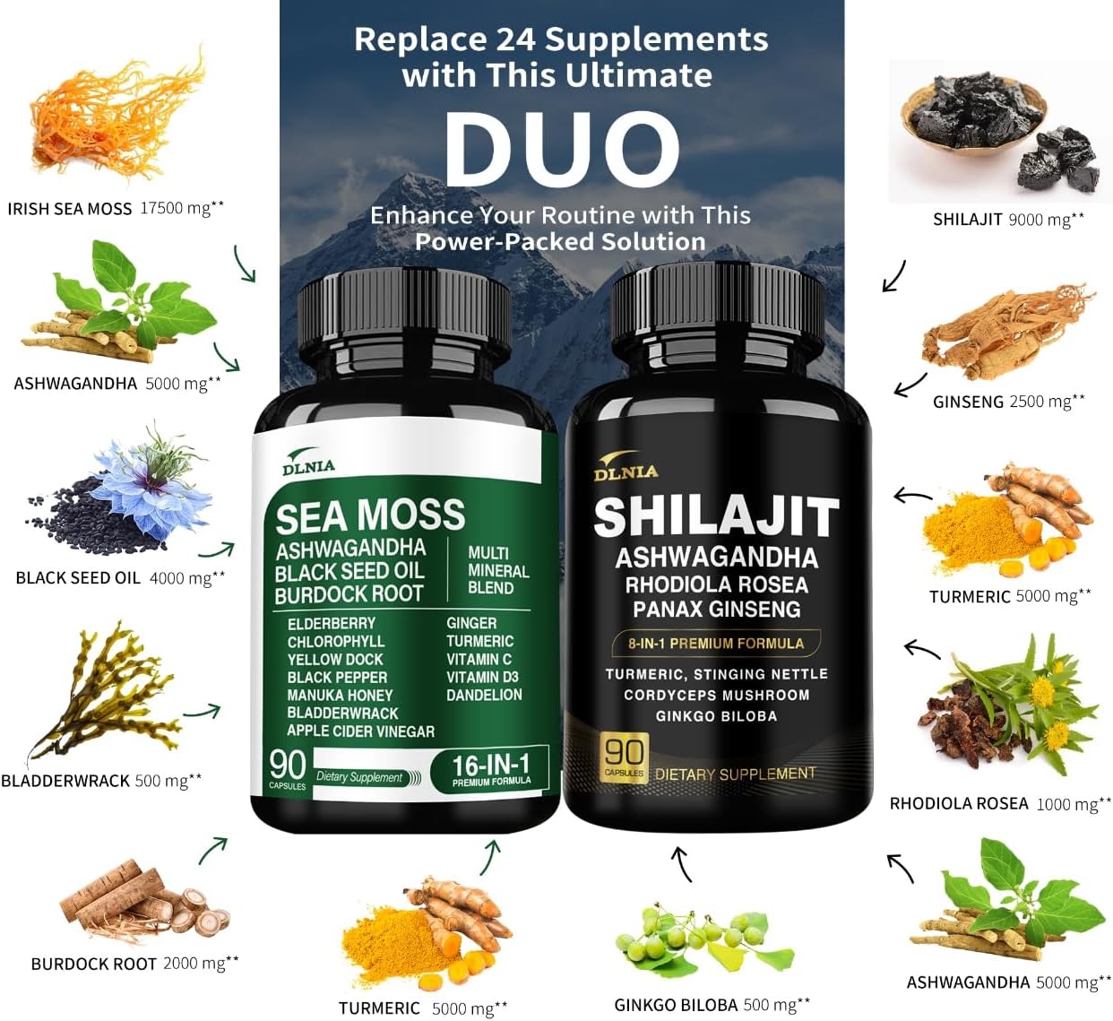 Shilajit 9000mg, Sea Moss 17500mg, Ginger & Black Seed Oil 4000mg, Ashwagandha 5000mg, Rhodiola Rosea, 1000mg Panax Ginseng 1500mg, All in 1 Supplement - Sea Moss & Shilajit Vitality Bundle