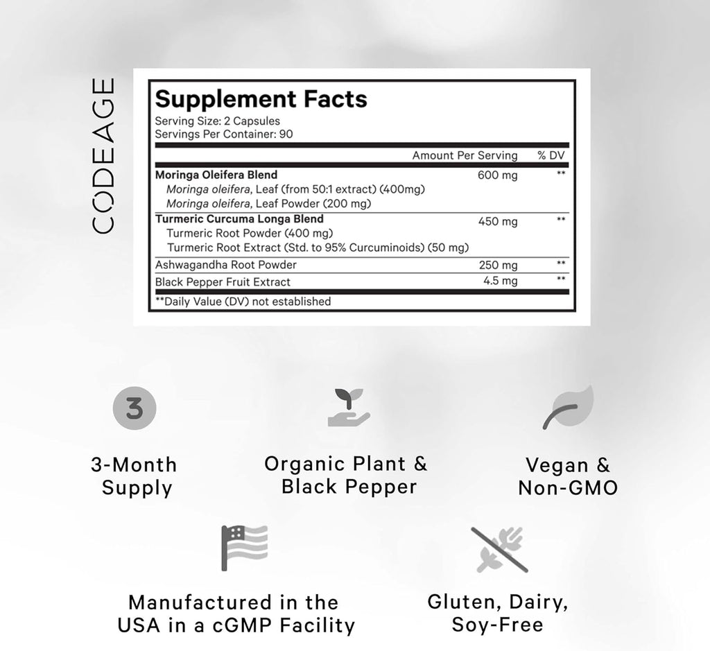 Codeage Liposomal Moringa+ Supplement, 400mg Moringa 50:1 Extract - 20,000mg Moringa Oleifera Leaf Equivalent - Turmeric, Ashwagandha, Black Pepper, 3-Month Supply, Vegan Moringa Powder - 180 Capsules