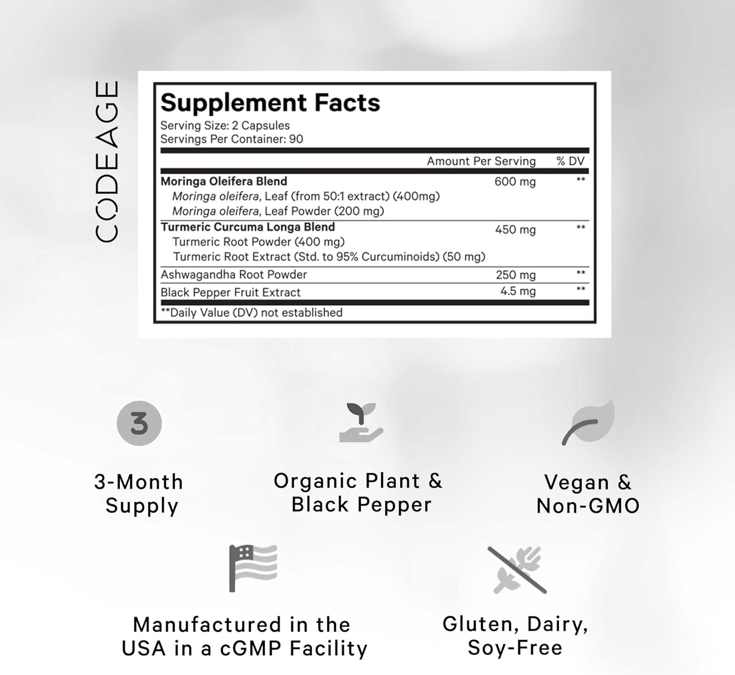 Codeage Liposomal Moringa+ Supplement, 400mg Moringa 50:1 Extract - 20,000mg Moringa Oleifera Leaf Equivalent - Turmeric, Ashwagandha, Black Pepper, 3-Month Supply, Vegan Moringa Powder - 180 Capsules