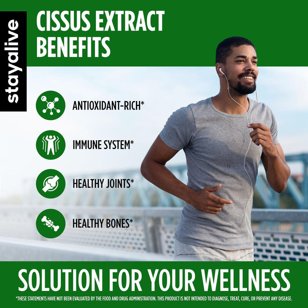 STAY ALIVE Cissus Quadrangularis Supplement 1000mg, 120 Pills, Pure Extract Powder with 40% Ketosterones, Non-GMO and Gluten-Free Cissus Extract Capsules for Men and Women