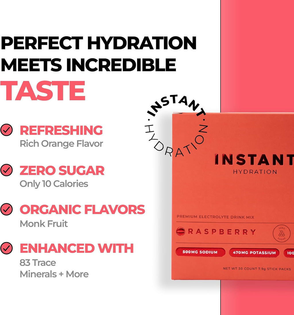 Instant Hydration Electrolytes Powder Packets - Raspberry Electrolyte Drink Mix - Zero Sugar - Keto, Vegan, Gluten-Free, Non-GMO - Boost Recovery, Brain Health, Muscle & Tissue Support- 30 Sticks