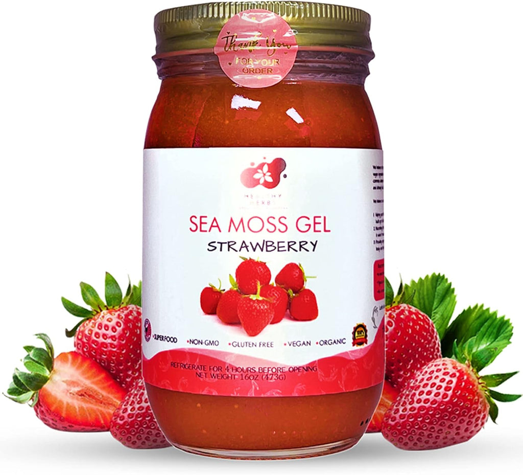 Healthy Herbs Sea Moss Gel (Strawberry) Wildcrafted from Jamaican St Lucia Gold Seamoss | Wild-Harvested Superfood with Over 90 Essential Vitamins & Minerals | Vegan, Non-GMO, US-Made (16 oz.)