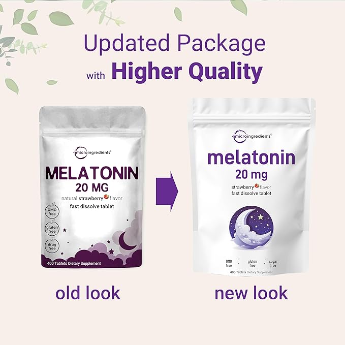 Micro Ingredients Melatonin 20mg, 400 Tablets | Natural Strawberry Flavor | Fast Dissolve | No Drug | Vegetarian Friendly | Non-GMO, No Gluten, Sugar Free