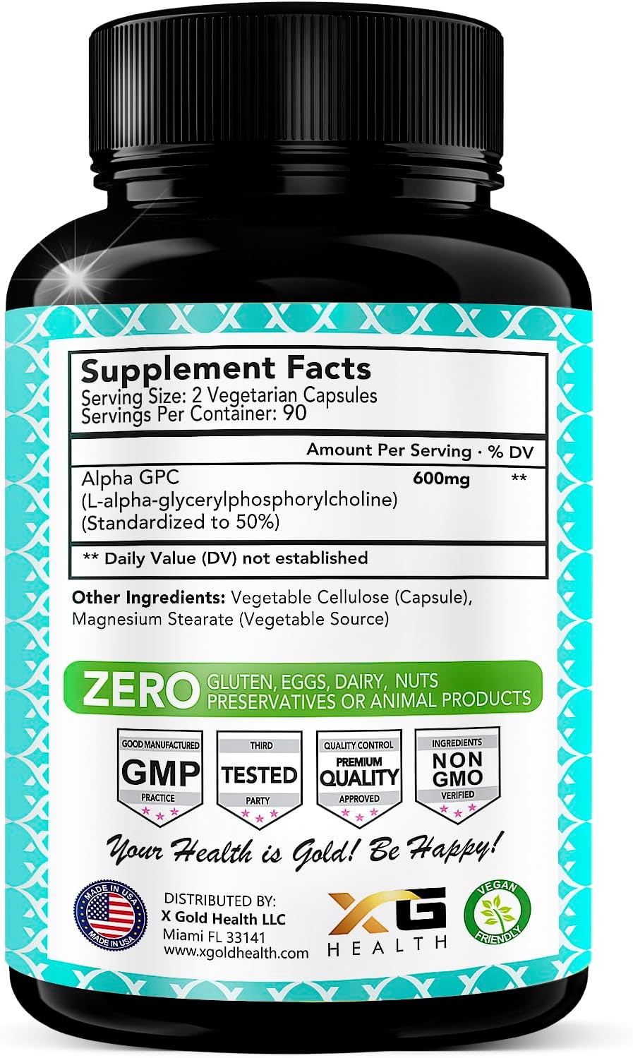 Alpha GPC Choline Supplement 600mg, 99%+ Highly Purified, Highly Bioavailable Source of Choline,180 Veggie Capsules, Cognitive Enhancer Nootropic, Supports Memory & Brain Function, Boosts Focus & Mood