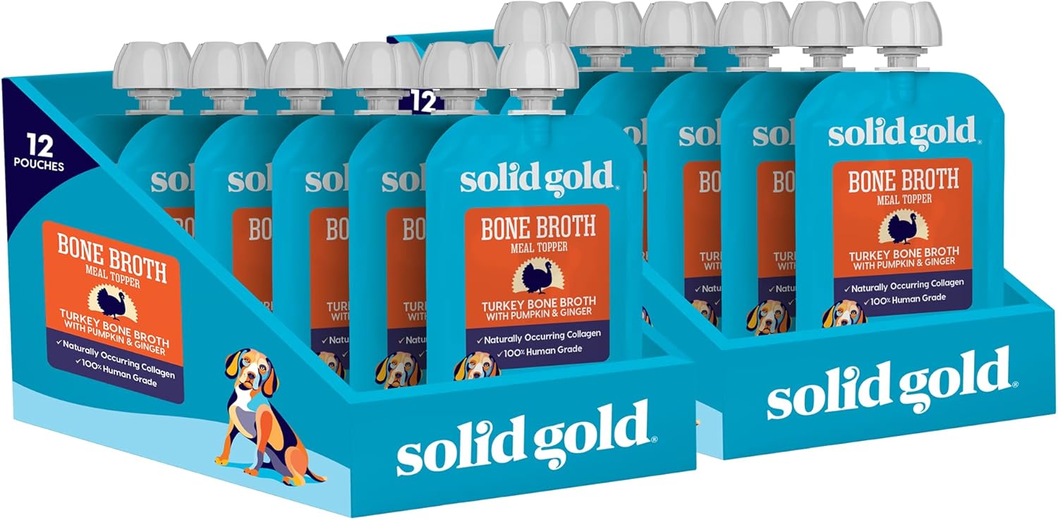 Solid Gold Turkey Bone Broth for Dogs - Limited Ingredient Bone Broth Dog Food Toppers for Picky Eaters with Collagen & Superfoods - Dog Gravy Topper for Dry Food - Gut Health & Hydration - 12 Pack