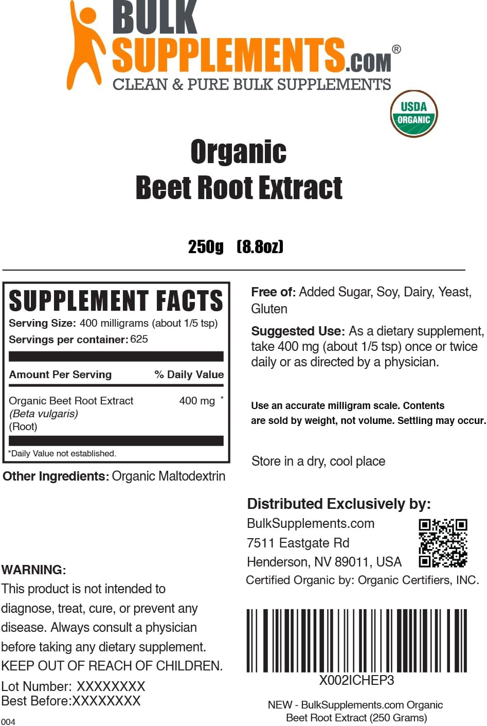BulkSupplements.com Organic Beet Root Extract Powder - Organic Beet Root Powder, Superfood Supplement - Vegan & Gluten Free, 400mg per Serving, 250g (8.8 oz) (Pack of 1)