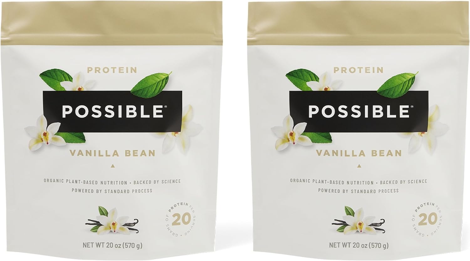 Possible Protein Powder Vanilla Bean - 20g of Vegan, Plant-Based Protein Mix - Non-GMO, Non-Dairy, Gluten-Free - 3.5g of BCAAs - 9 Essential Amino Acids - 30-Day Supply - 2 Bag, 30 Servings