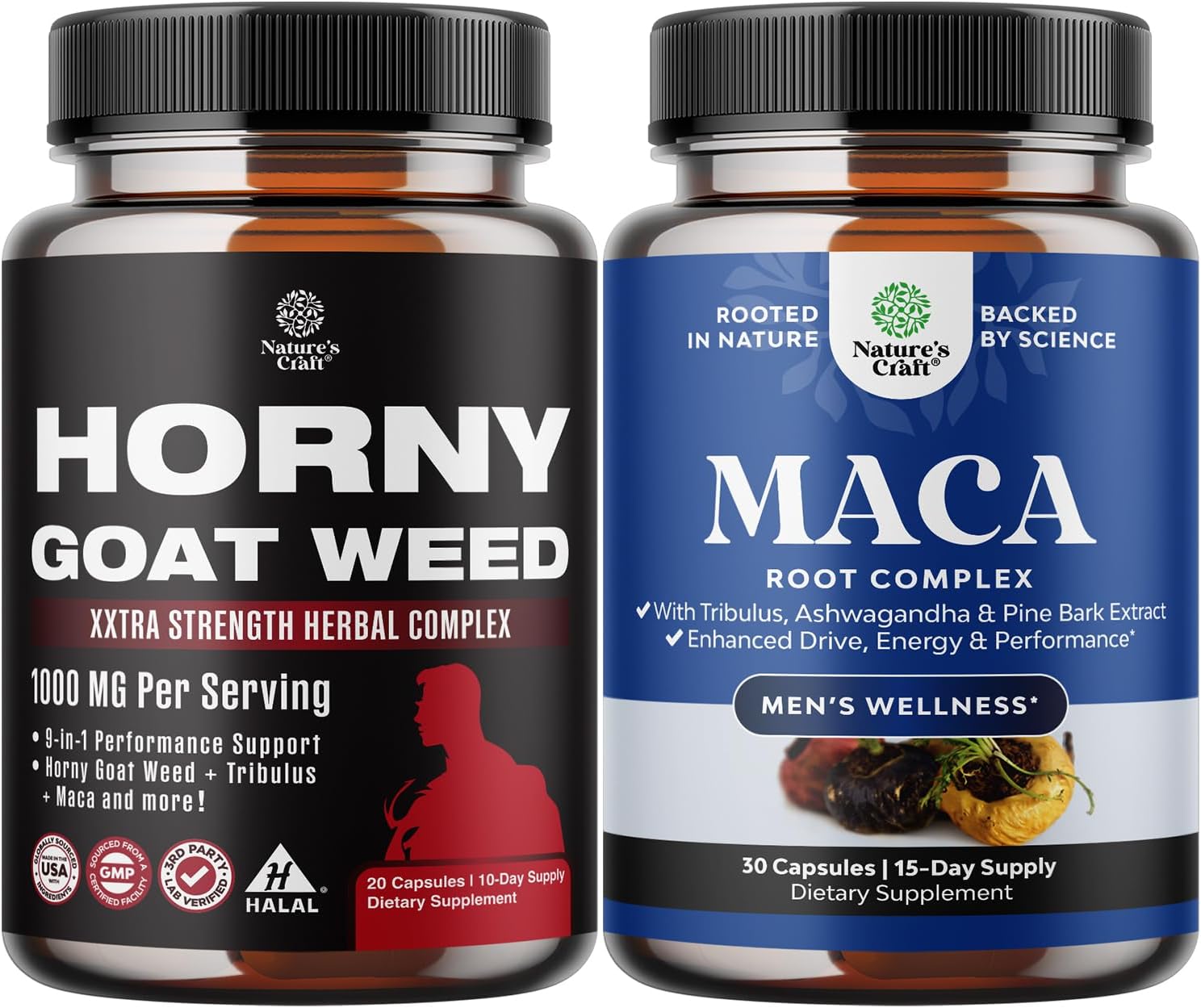 Bundle of Horny Goat Weed Complex with Tongkat Ali, Saw Palmetto, Panax Ginseng & Black Maca Root Plus Potent Herbal Supplement with Siberian Ginseng, Ashwagandha & Maca for Men’s Energy & Wellness
