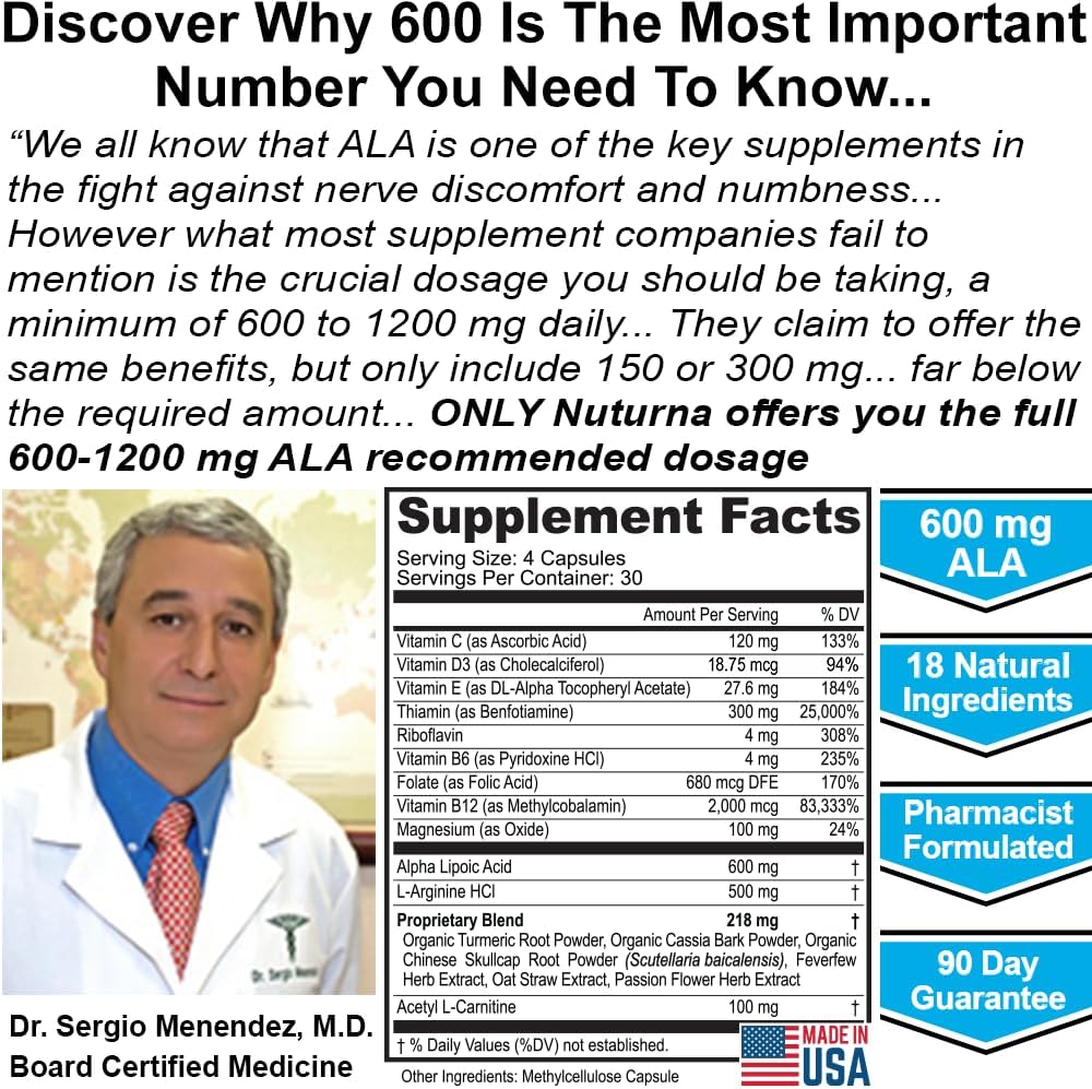 Neuropathy Support Nerve Supplement with 600 mg Pure Alpha Lipoic Acid - Maximum Strength Formula, Fortify Nerves in Fingers, Hands, Toes, & Feet - Best Peripheral Relief Support - 120 Capsules