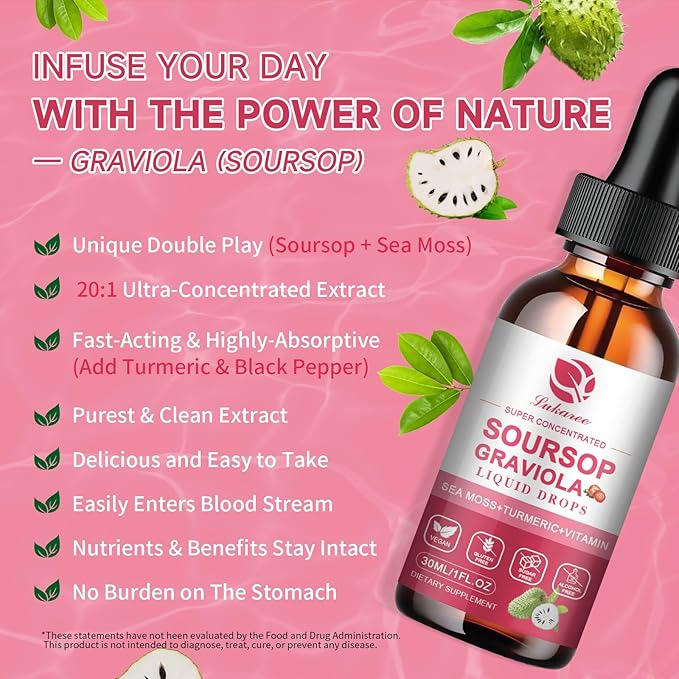 (2 Pack) Soursop Graviola Leaf Extract Liquid Drop Plus Pure Botanical Sea Moss for Cell Support & Regeneration, Immunity and Gut Health, Soursop Bitters Liquid丨Full Texture,Strawberry Flavor,1 Fl Oz