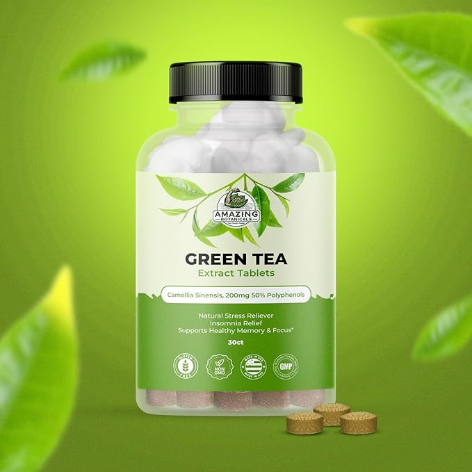 Amazing Botanicals Green Tea Extract Tablets - Camellia Sinensis, 200mg 50% Polyphenols | Daily Wellness Supplement | Non-GMO, Gluten Free - 30 Count