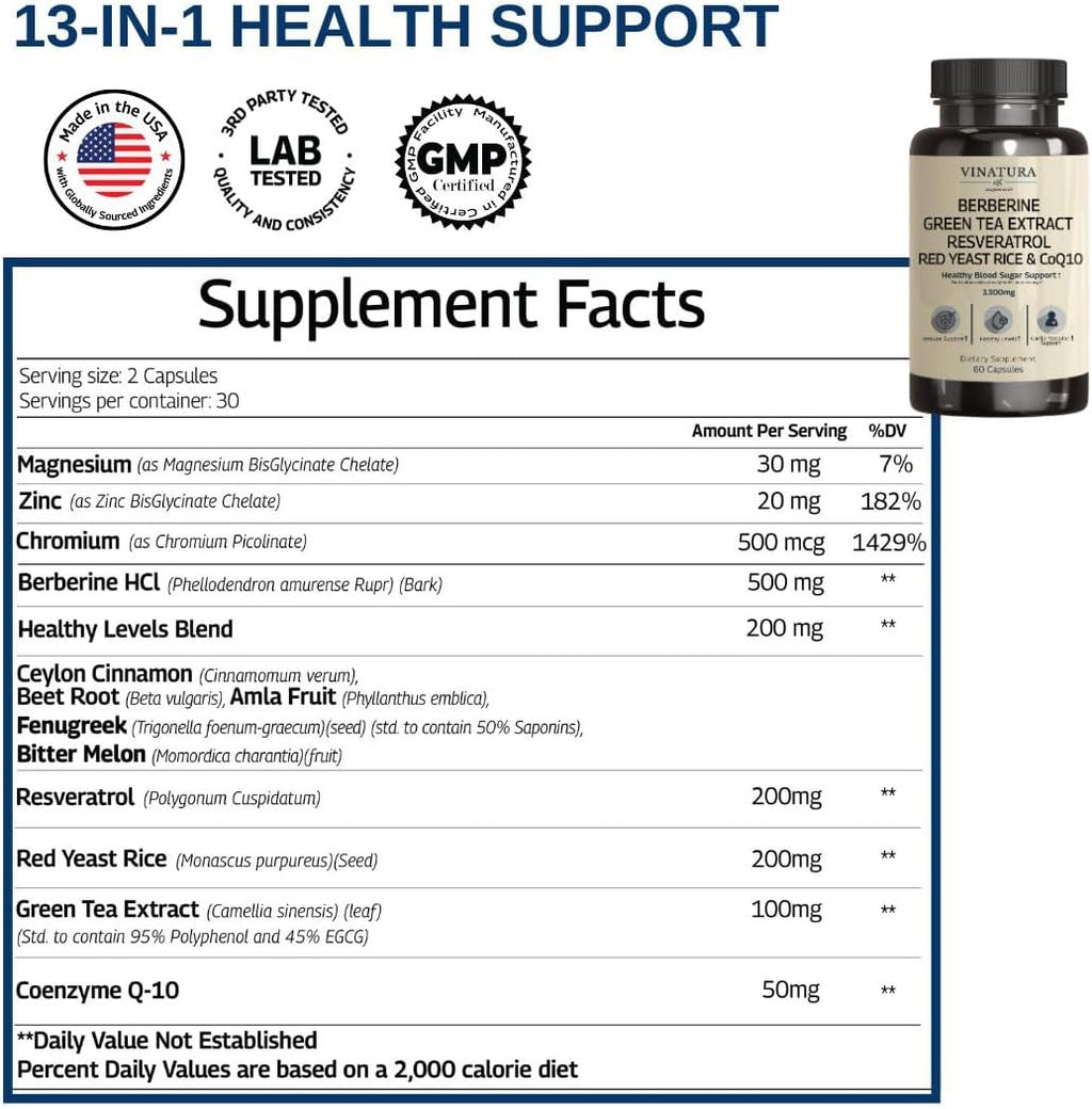 Berberine HCL & Ceylon Cinnamon - Red Yeast Rice & CoQ10 1300mg per Serving *USA Made & Tested* Healthy Levels with Green Tea Extract, Resveratrol, Magnesium, Glycinate, Chromium Picolinate