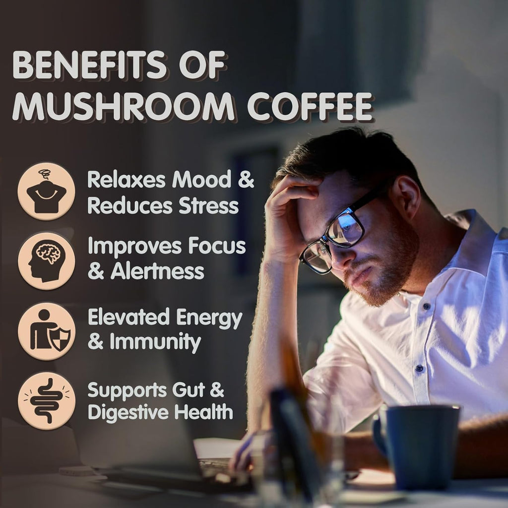 Mushroom Coffee, 6 Adaptogenic Mushrooms (Lion's Mane, Cordyceps, Turkey Tail & Other) Mixed with Premium Instant Coffee for Focus, Energy, Immune and Gut Health Support, 60 Servings