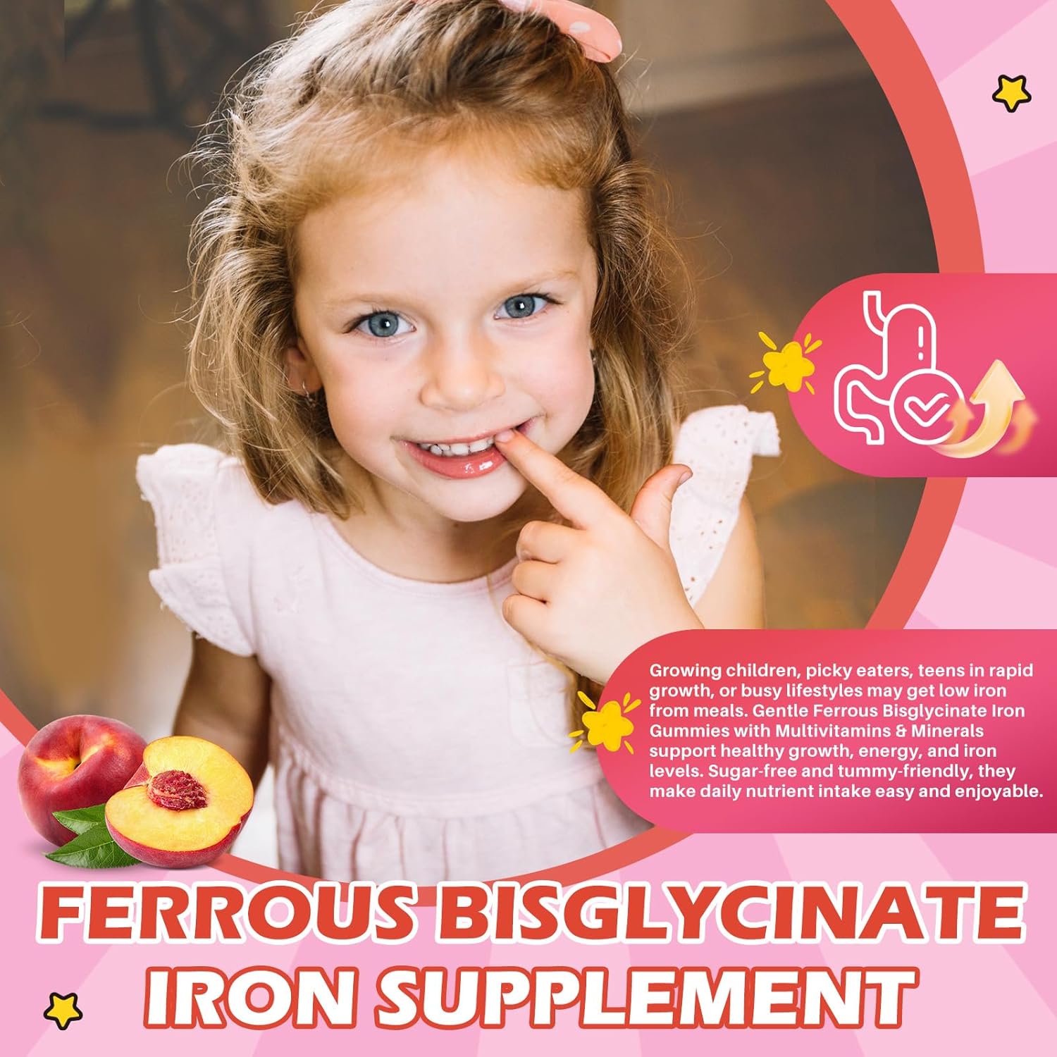 Iron Supplement Gummies for Kids with Multivitamin, Calcium, Zinc, Folate - Kids Iron Gummies Support Immune, Blood Builder, Iron Deficiency, Anemia & Energy - Vegan, Peach 60 Count