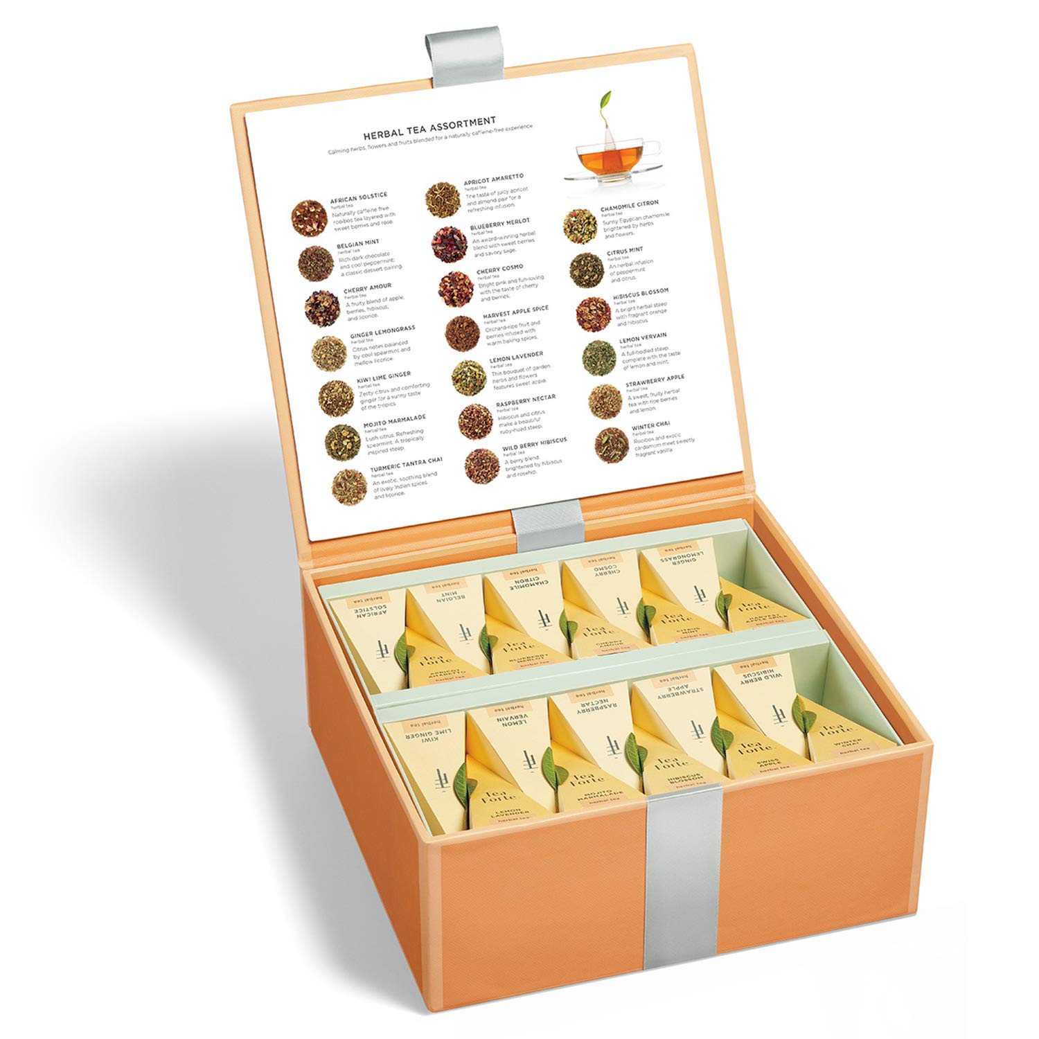 Tea Forte Herbal Assortment Premium Tea Chest Gift Sampler, 40 Count, 2 of each Variety Blend Individually Wrapped Handcrafted Pyramid Infuser Bags