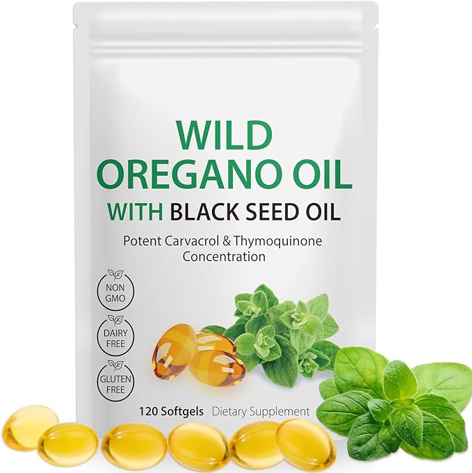 Oil of Oregano Softgels, 120 Count Oregano Oil Capsules, 165mg Carvacrol, 2 in 1 Formulated Oil of Oregano with Black Seed Oil 200mg, Oregano Oil Supplement Capsules