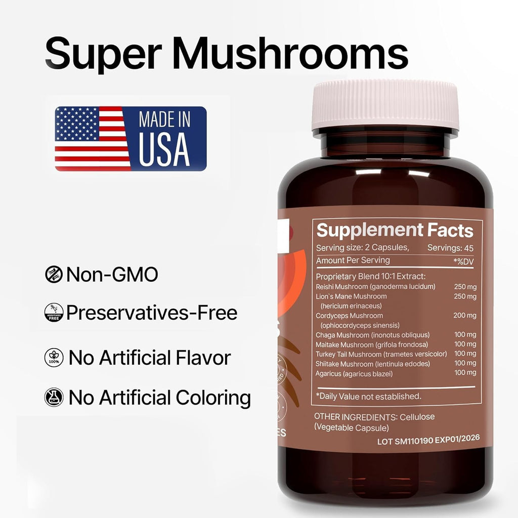 Super Mushrooms 8-in1 Capsules - Brain Booster & Immune Support Drops - Reishi, Lion`s Mane, Cordyceps, Chaga, Mitake, Turkey Tails, Shiitake, Agaricus - High Potency Extract 90 Capsules