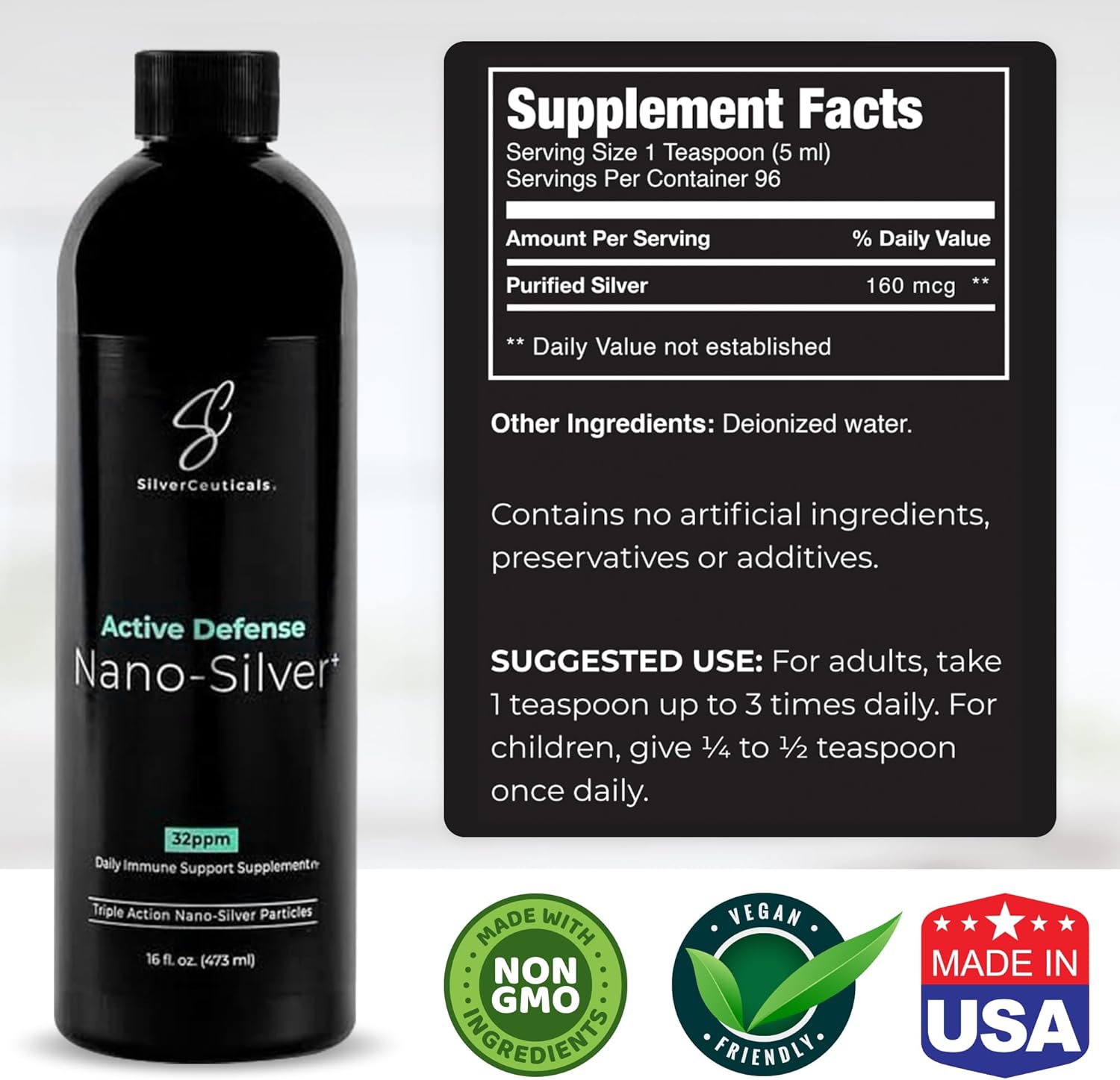 Colloidal Silver w/Nano Technology - 32ppm 16oz - 8X More Effective - Natural Immune Support - Save The Sick Days - Ages 5 & Up - Outperforms Higher PPM Silvers - No Taste & Smell - 3rd Party Tested