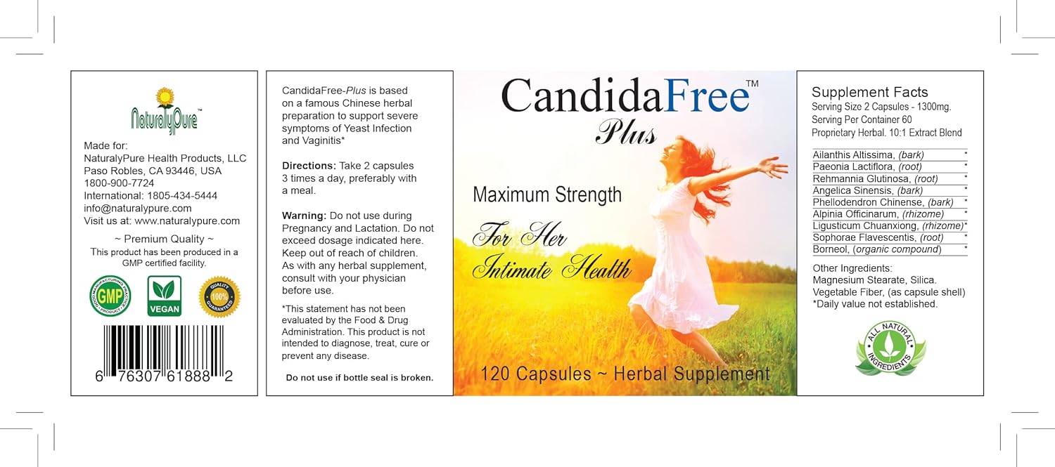 Candida-Free Natural Balance Support Formula for Yeast Overgrowth Cleanse and Detox for Women. 120 Vegan Capsules.