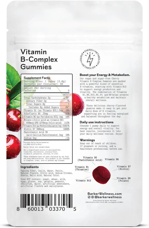 Barker Wellness Vitamin B-Complex Gummies | Energy & Metabolism Support | B1, B5, B6, B7, B9, B12 | Vegan, Sugar-Free | Cherry Flavor | 30 Gummies