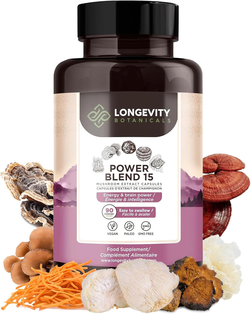 Power 15 Mushroom Blend Capsules Supplement (90) | High Strength Extract Complex | With Lions Mane, Turkey Tail, Cordyceps, Reishi, Chaga & Tremella | 20% Beta-D Glucans | Immunity & Vitality Support