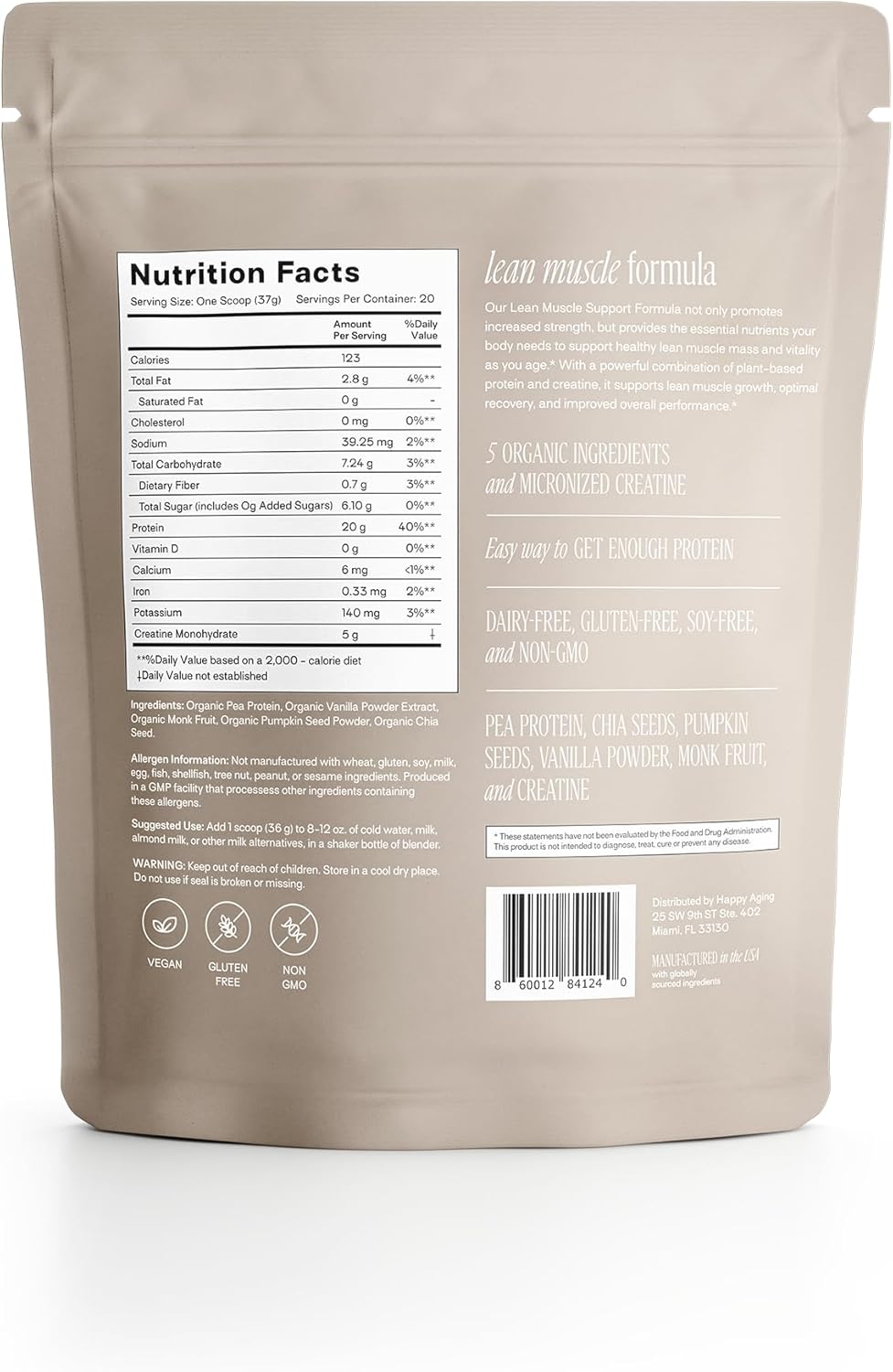 Happy Aging Protein Powder for Women, 20g Organic Pea & Pumpkin Seed Protein, 5g Creatine, Monk Fruit Sweetened, Organic Cocoa & Chia, Clean Simple Eats Vegan Plant Based Protein