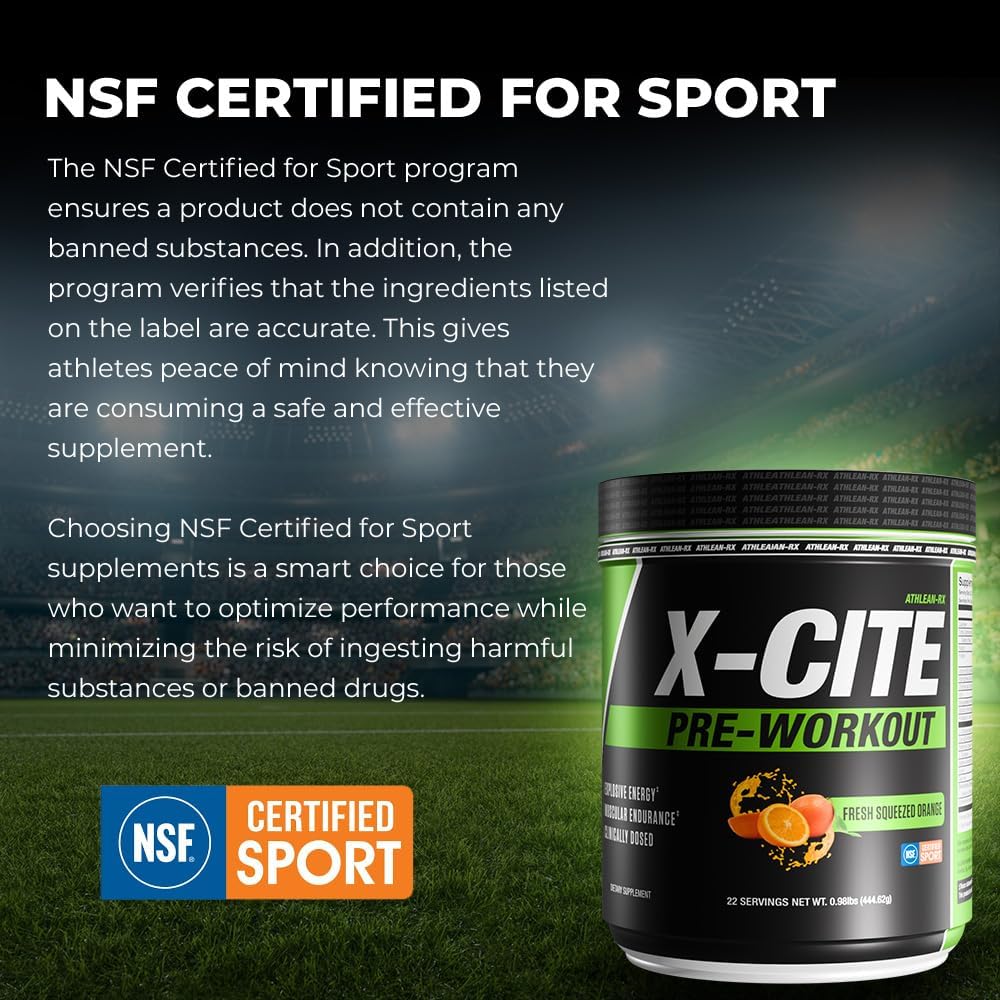 X-CITE Pre-Workout by ATHLEAN-X - Enhanced Formula with Beta-Alanine, Creatine & Caffeine for Energy, Endurance, Focus & Muscle Pump, NSF Certified for Sports (22 Servings, Fresh Squeezed Orange)