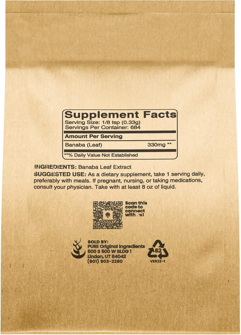 PURE ORIGINAL INGREDIENTS Banaba Leaf Powder (8 oz) Always Pure, No Fillers or Additives, Non GMO