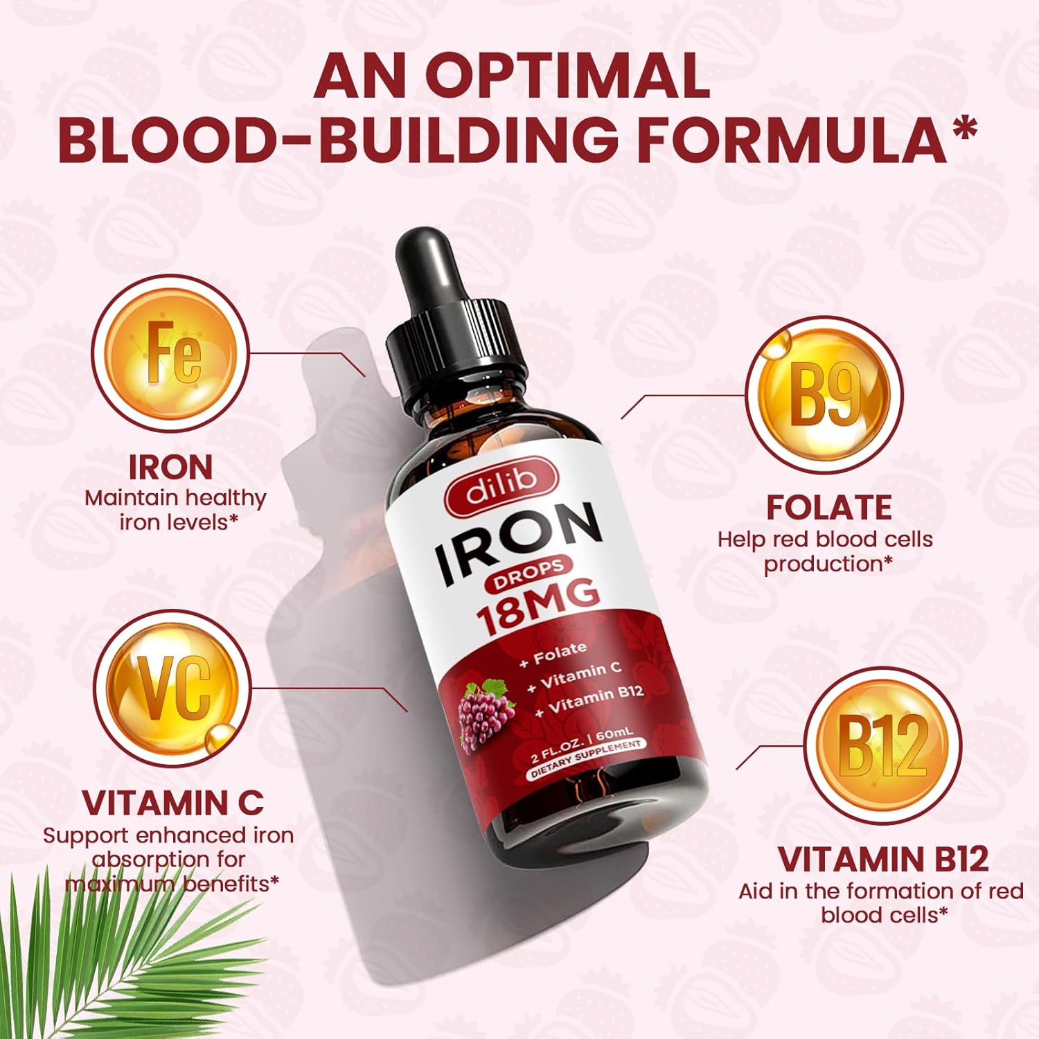 Liquid Iron Supplement for Women & Men Iron Drops Iron Supplements for Anemia with Folate, Vitamin C, B12 for Red Blood Cell Support-Grape, 2 Fl Oz