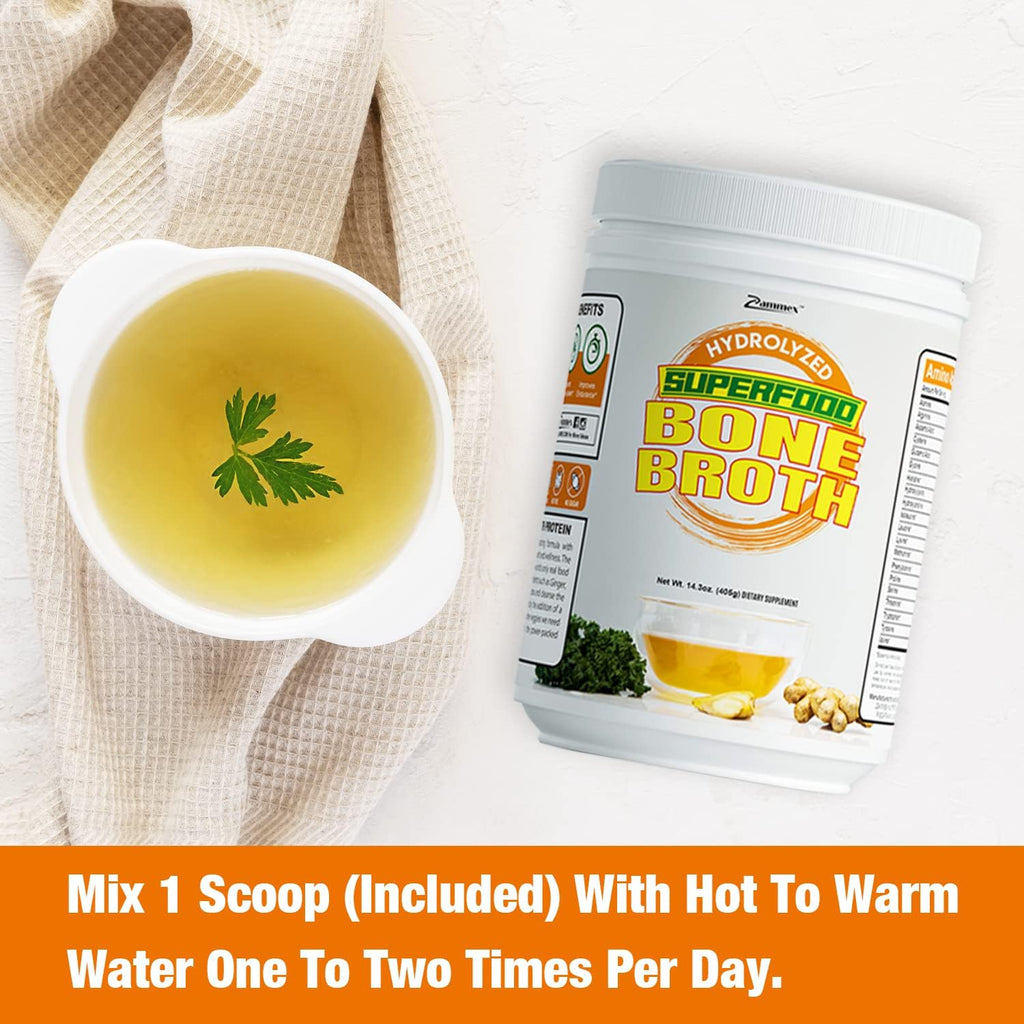 Zammex Bone Broth Plus Superfood Protein Powder (Turmeric Flavor), 8g Hydrolyzed Protein with Vitamin D, for Healthy Skin, Nails, Hair, Joints & Digestion,Non-GMO (30 Servings)