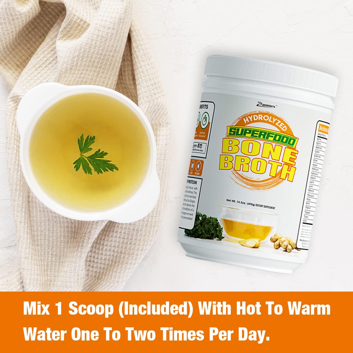 Zammex Bone Broth Plus Superfood Protein Powder (Turmeric Flavor), 8g Hydrolyzed Protein with Vitamin D, for Healthy Skin, Nails, Hair, Joints & Digestion,Non-GMO (30 Servings)