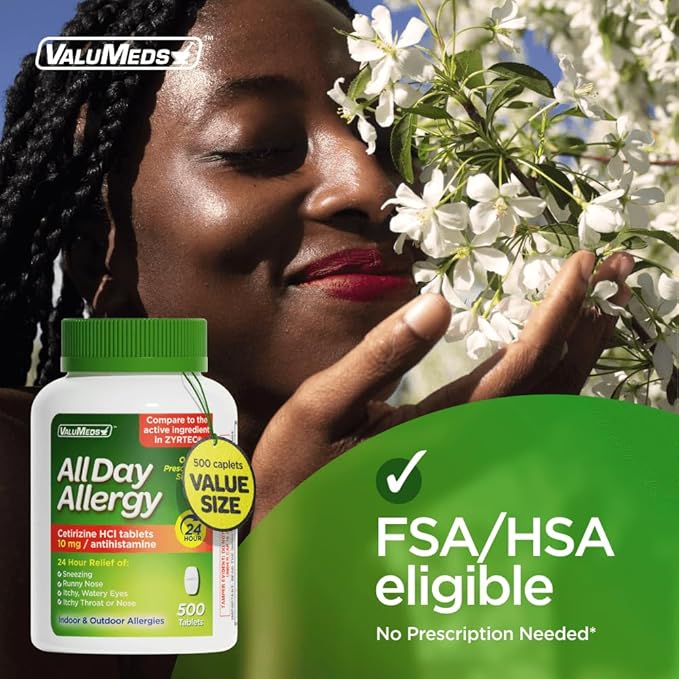 ValuMeds 24-Hour Allergy Medicine Antihistamine for Pollen, Hay Fever, Dry, Itchy Eyes, Allergies | Cetirizine HCl 10mg Caplets, Compare to Leading Brand (500 Count)