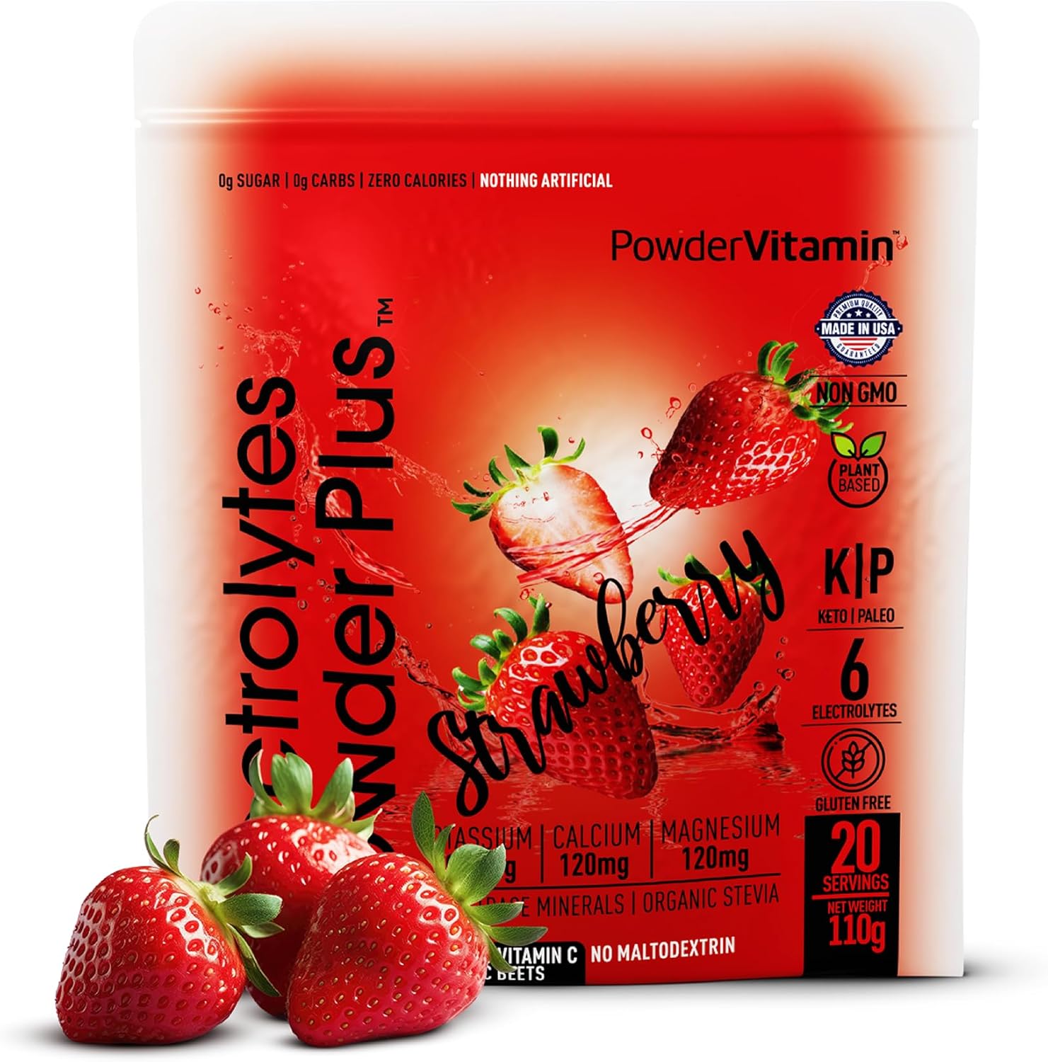 PowderVitamin Electrolytes Powder Plus (100 Servings) Strawberry Electrolyte Powder Zero Calorie Keto,0 Sugar, No Maltodextrin,1000mg Potassium,120mg Calcium,120mg Magnesium, Hydration Powder