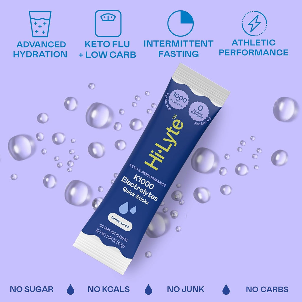 Hi-Lyte K1000 Electrolytes Sticks Unflavored Keto & Performance, 30 Servings
