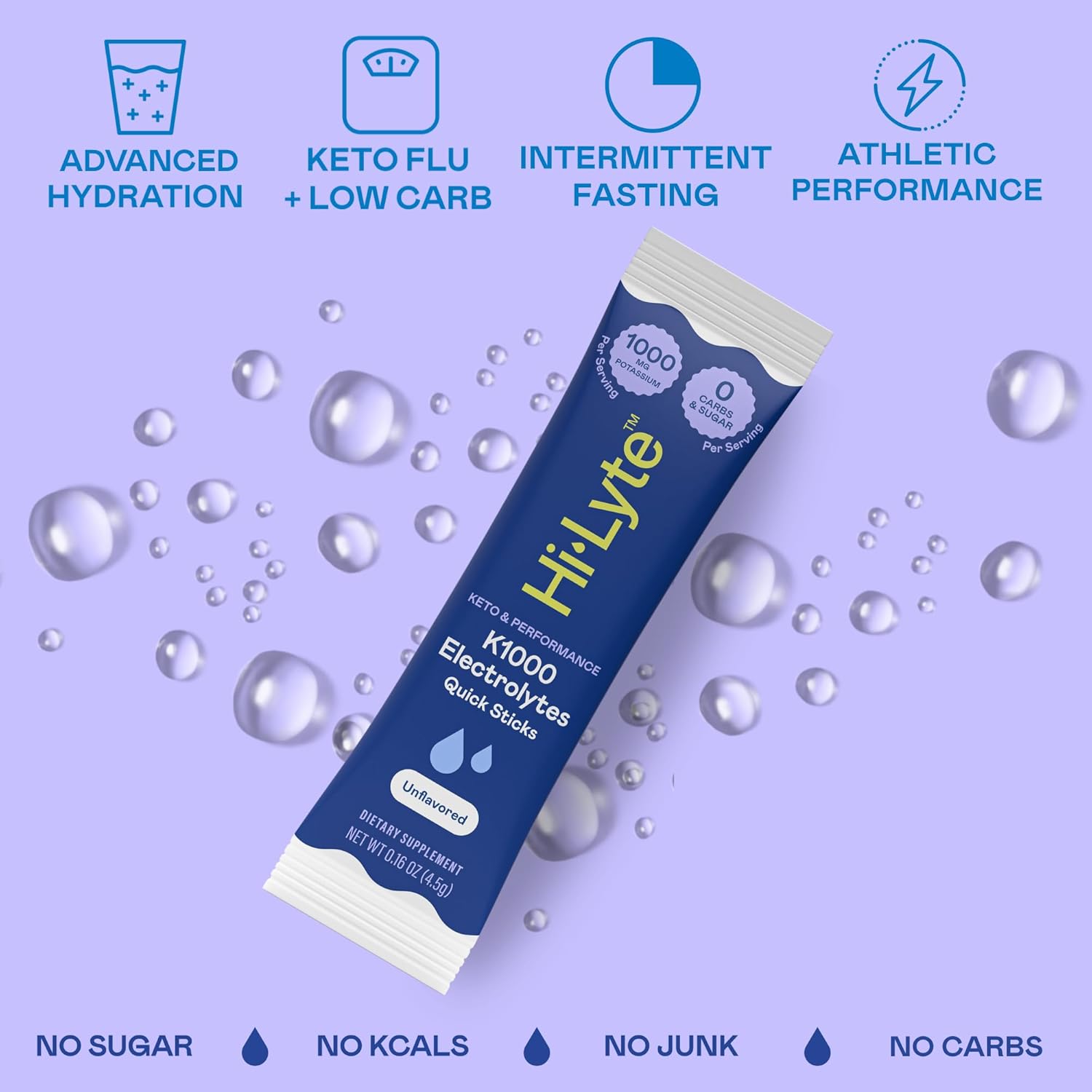 Hi-Lyte K1000 Electrolytes Sticks Unflavored Keto & Performance, 30 Servings