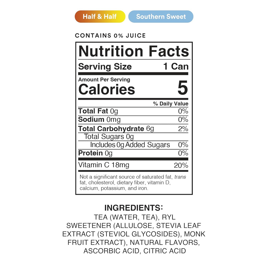Ryl Iced Tea Front Porch Variety Pack, Sweet Tea and Half N' Half – Antioxidant Superblend, No Artificial Ingredients, Zero Sugar, Five Calories, Low Carb, Non-GMO, Made in the USA, 12-Pack, 16 Fl Oz