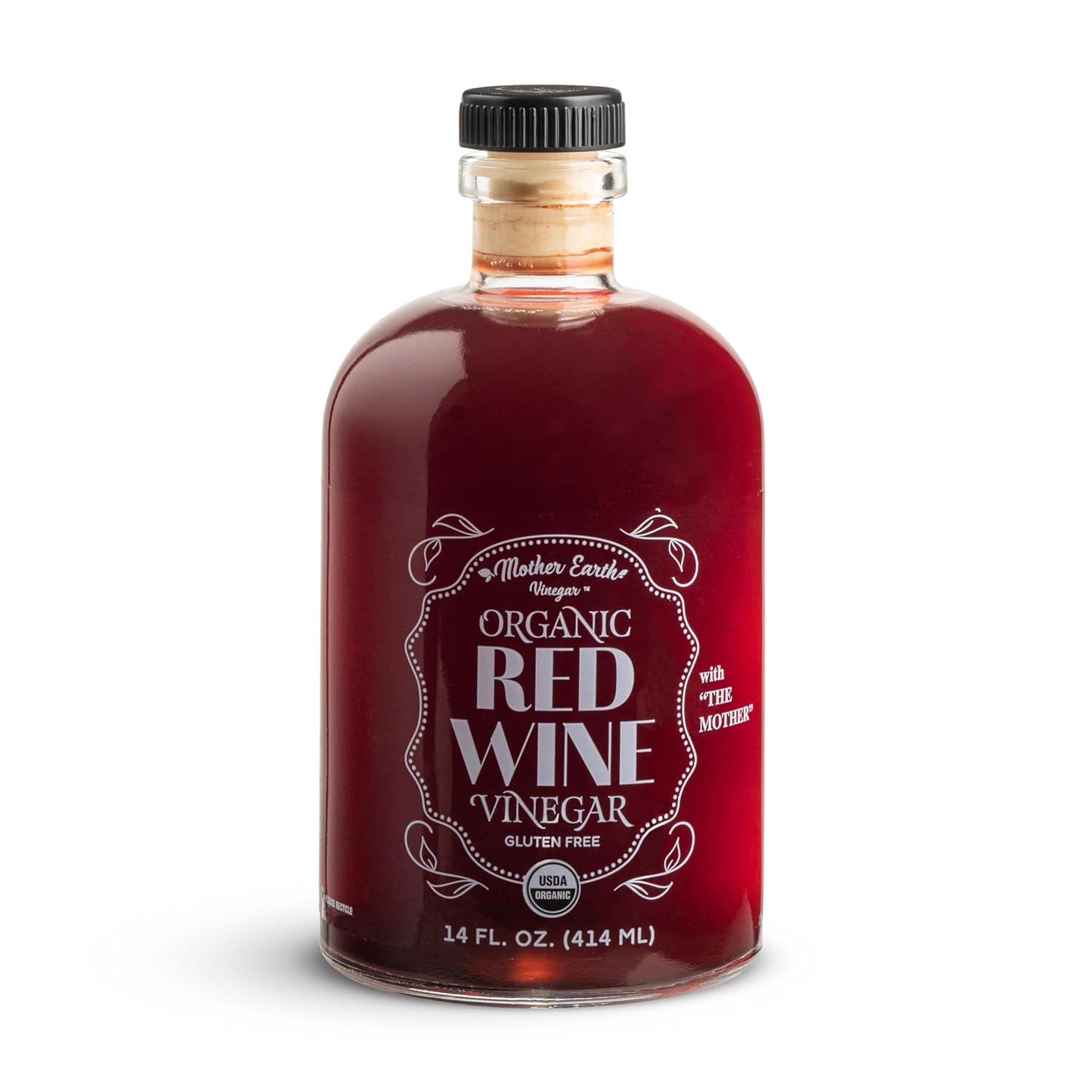 Mother Earth, Organic Red Wine Vinegar with The Mother, Fresh Pressed Organic Cabernet Grapes, ORWV, RWV, Raw, Unpasteurized, Unfiltered (1/14oz Apothecary Glass Bottle with Pour Spout)