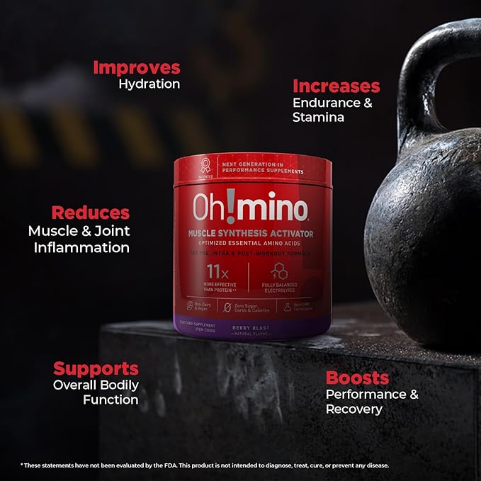Oh!mino Essential Amino Acids Supplement Drink Powder, Berry Blast, Caffeinated Powder, All 9 EAAs, BCAAs and The Perfect Amino for Workouts, Amino Energy, and to Build Muscle, and Recover Faster