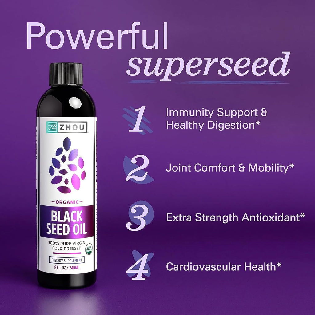 ZHOU Organic Black Seed Oil - Black Cumin Seed Oil Cold Pressed, Nigella Sativa, Pure Unrefined Blackseed Liquid, Premium Supplement for Health with Thymoquinone, Omega 3 6 9-8 Fl Oz (Pack of 2)