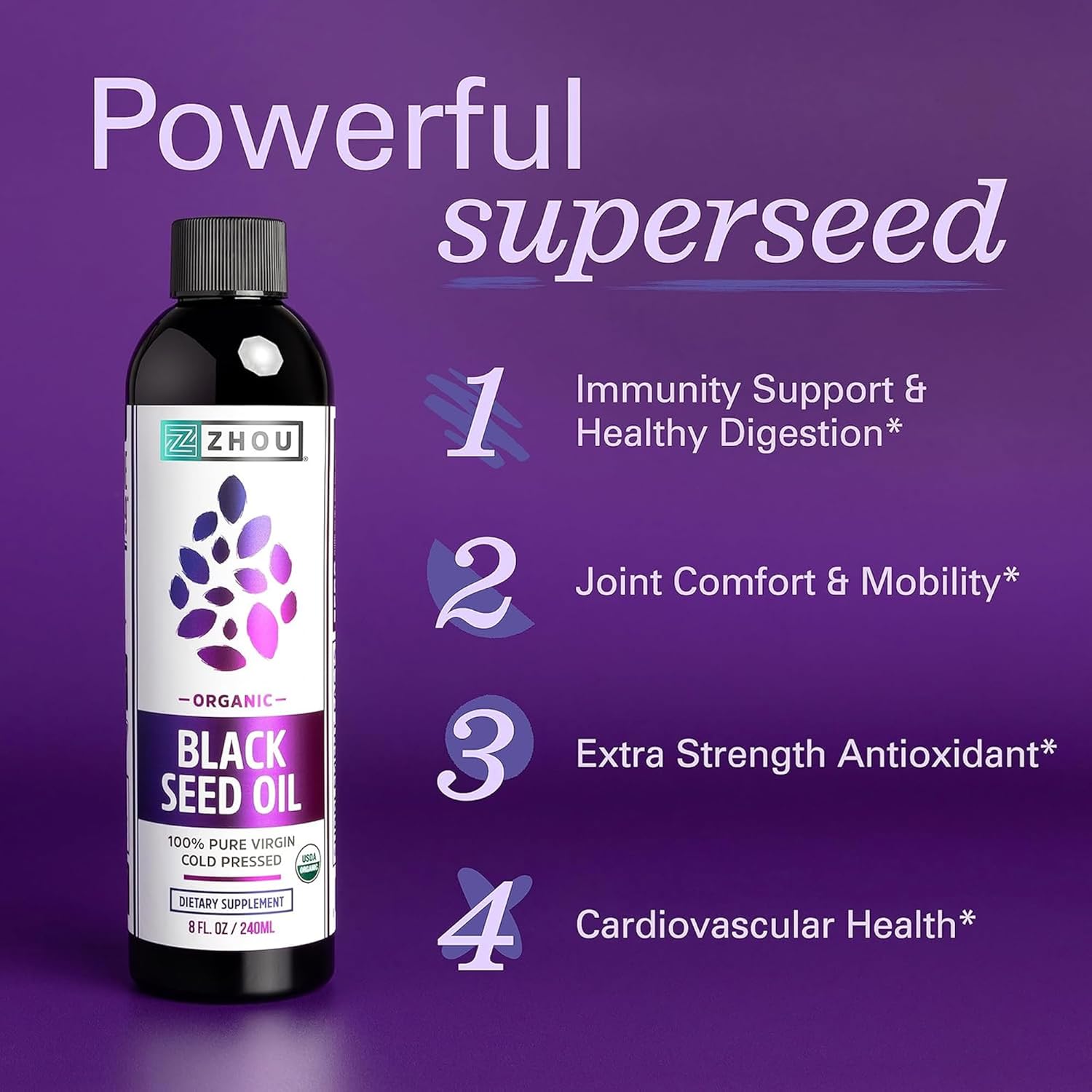 ZHOU Organic Black Seed Oil - Black Cumin Seed Oil Cold Pressed, Nigella Sativa, Pure Unrefined Blackseed Liquid, Premium Supplement for Health with Thymoquinone, Omega 3 6 9-8 Fl Oz (Pack of 2)
